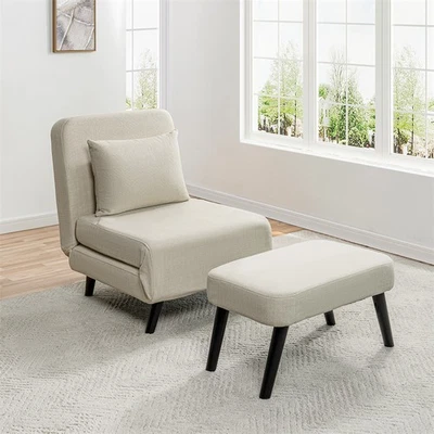 Chaise Lounge Plegable 3 en 1 de Lino con Respaldo Ajustable, Reposapiés y Almohada Foto 1 de 4