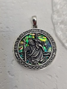 Saint Christopher 925 Sterling Silver Abalone Shell Travel Protection Pendant - Picture 1 of 3