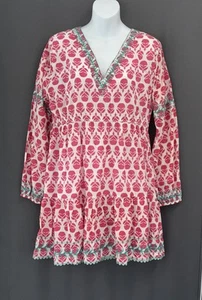 Abito babydoll tunica Mer St. Barth Clara rosa medio stampa blocco ricamo teal - Foto 1 di 18