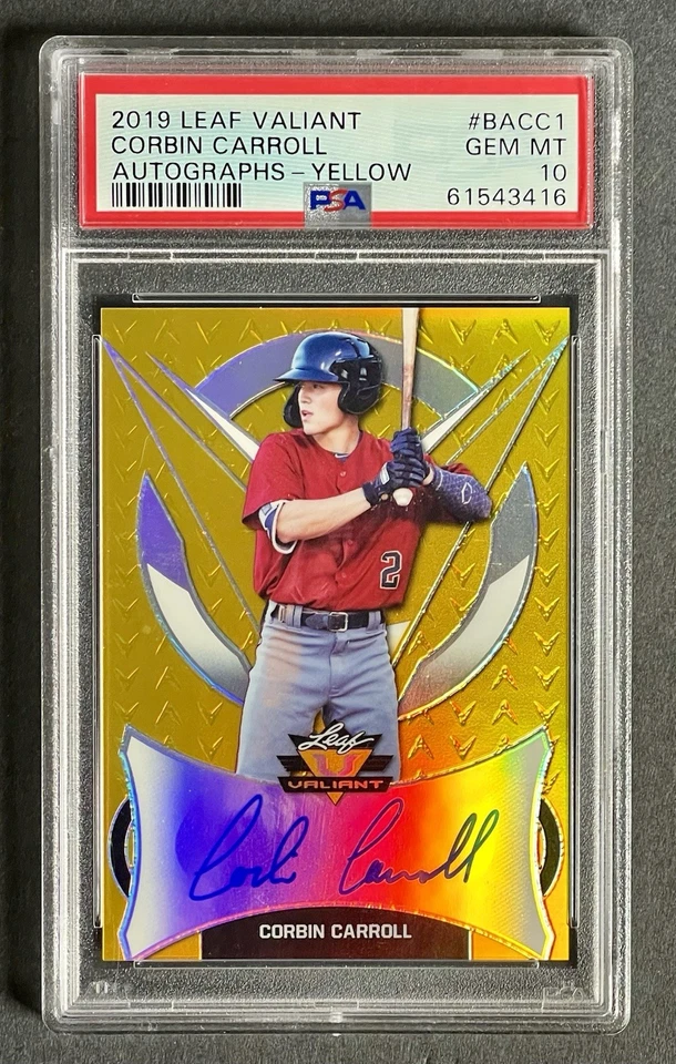 2019 Leaf Valiant - Corbin Carroll Yellow Auto PSA 10 - Diamondbacks # 'd 10/10 - Image 1 of 2