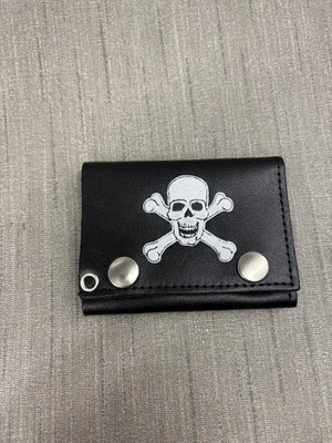 Vintage Skull Crossbones Wallet Leather Snap Biker Chain Black Punk Gothic Mens - Image 1 of 4