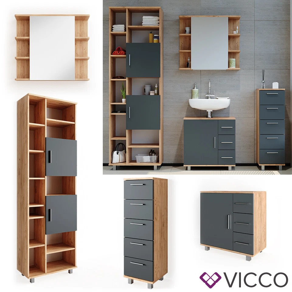 Badmöbel Set Spiegel Kommode Unterschrank Badschrank Ilias Eiche Anthrazit Vicco - Bild 1 von 1