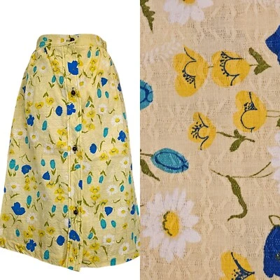 Falda midi floral amarilla vintage años 60 para mujer talla 4 margaritas de algodón con botones Foto 1 de 4