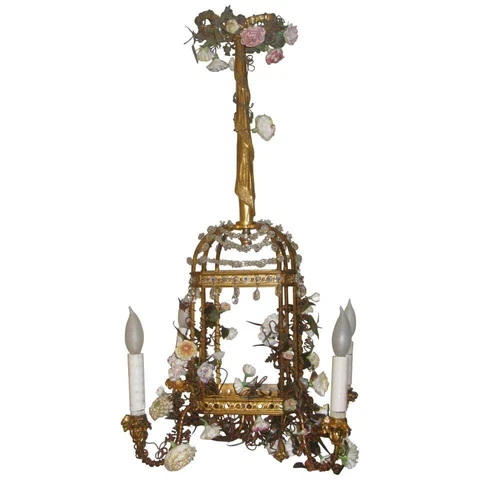 Louis XVI Style Birdcage Form Gilt Metal and Porcelain Chandelier Cover