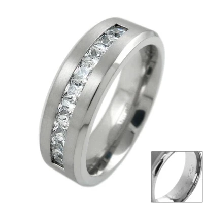 Engraved Titanium Men's 1.8 Carat Princess Cut CZ Brushed Wedding Band Ring - Image 1 of 4