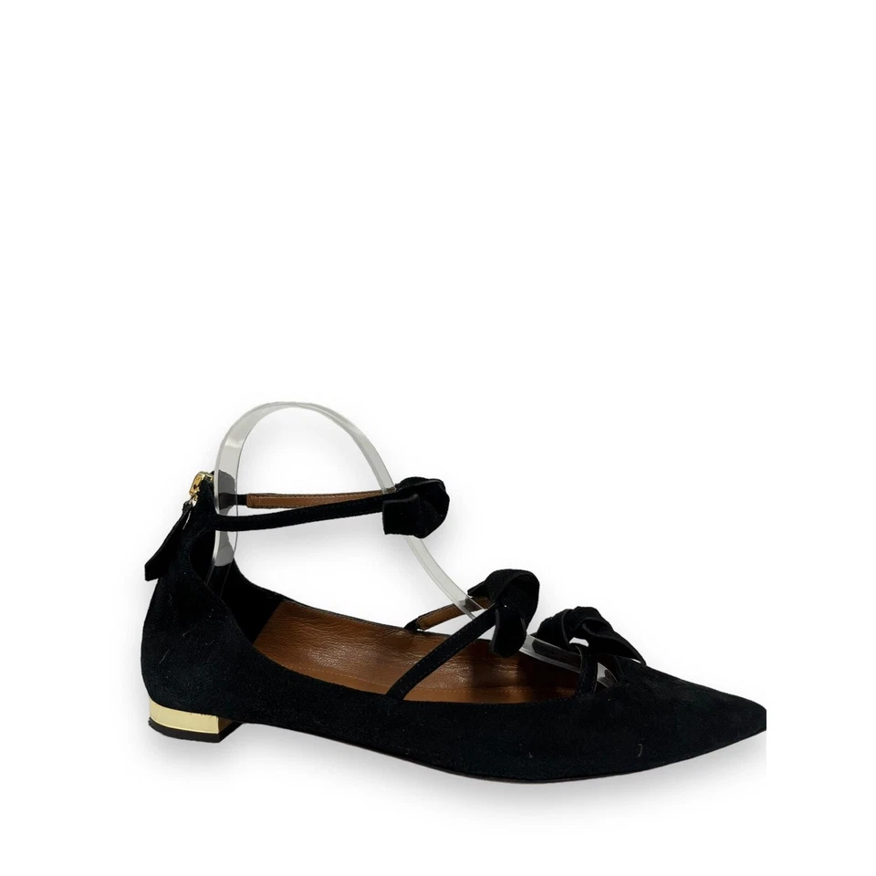 AQUAZZURA Black Suede Strappy St Tropez Bow Point Toe Flats Size 38 US 8 - Image 1 of 4
