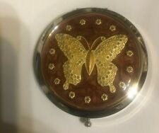 Victorian Gold Dresden Foil BUTTERFLY Swarovski Crystals Enamel Mirror Compact