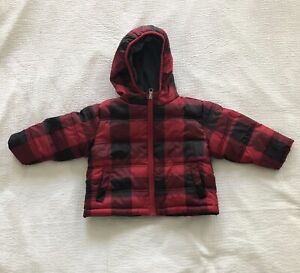 Healthtex 12 months Black and Red Buffalo Plaid Puff Jacket w/ Hood Fleece Lined
