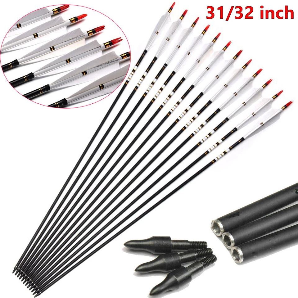 12Pcs Archery 28"/30"/32" Carbon Arrows SP500 Hunting for Compound Recurve Bow - Image 1 of 4