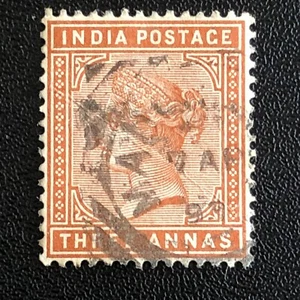1882 INDIA 3a STAMP-MADRAS-THREE ANNAS-QUEEN VICTORIA-Sg IN 93-USED - Picture 1 of 5