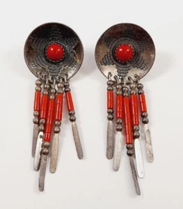 Sterling Silber 925 & rote Koralle Stein Perlen Fransen Ohrstecker - Bild 1 von 6