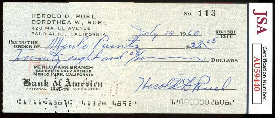 Autógrafo cheque personal firmado 1960 certificado de autenticidad Harold Muddy Ruel JSA Foto 1 de 1