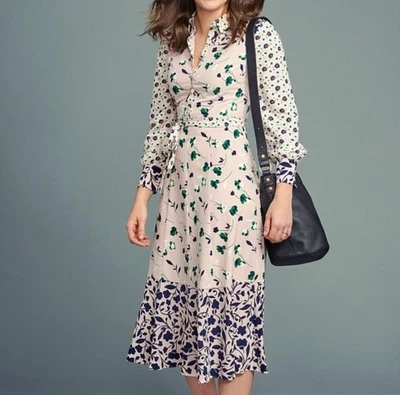 Boden Sybil Shirt Dress Sz US 10 R Pink Floral Midi Length Tie Waist Long Sleeve - Image 1 of 4