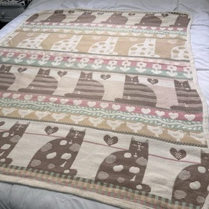 Couverture vintage Cat Throw Pat Meyers Vuteks réversible 1987 ? Beige marron 52x60" - Photo 1/14