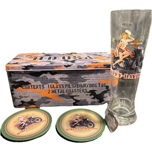 Harley-Davidson Military Pin-up Girl Set  Metal Tin, Glass, Dog Tag, & 2 Coaster - Picture 1 of 24