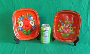 2 Vintage Hand Painted Floral Toleware Metal Trays 7" x 8" Signed - Picture 1 of 12