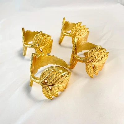 Золотистый ужин салфетки кольца набор из четырех листьев в форме ботанический цветочный элегантный - Изображение 1 из 4