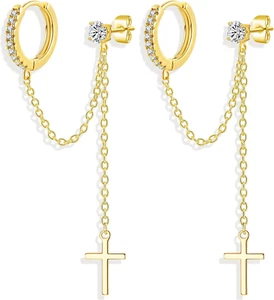 925 Silver Hoop Chain Earrings for Women 14K Gold Plated Trendy Chain Dangle Ear - Picture 1 of 7