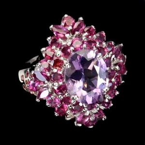 Silver Ring Amethyst Rhodolite Genuine Natural Gems Solid Sterling O 1/2  US 7.5 - Picture 1 of 24