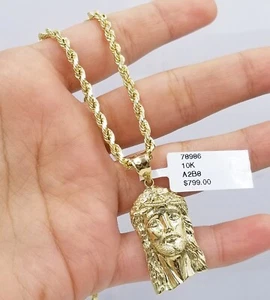 Real 10k Yellow Gold 3mm Rope Chain 20" inch Necklace And Jesus Head Pendant  - Picture 1 of 9