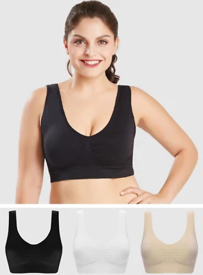 Padded Seamless Comfort Bra 3 Pack Full Cup Stretch Black/White/Nude UK 8-24 - Image 1 of 4