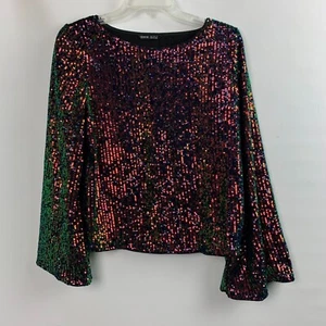 Shein Black Top Red Green Blue Sequin Round Neck Front Sleeves Long Sleeves Sz S - Picture 1 of 7