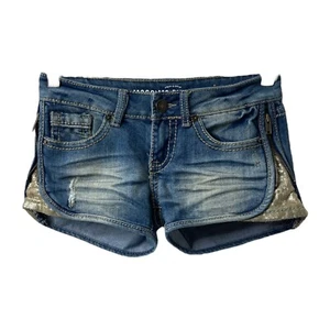 Mossimo Juniors Size 1 Fit 6 Denim Shorts Blue Side Zip Sequins Pockets - Picture 1 of 8