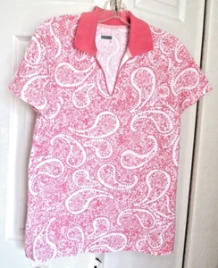 Basic Editions Short Sleeve Polo Shirt ~ Coral Floral Paisley ~ Size L/G - Picture 1 of 4
