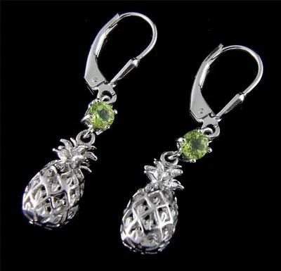 BRINCOS DE PRATA PERIDOTO GENUÍNO 925 HAVAIANO 3D ABACAXI LEVERBACK RÓDIO - Imagem 1 de 2