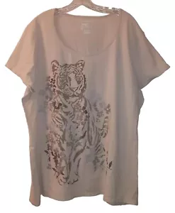 Just My Size Womens Shirt Sz 3X Beige Tiger Print Short Cap Sleeves Boat Neck - Picture 1 of 3