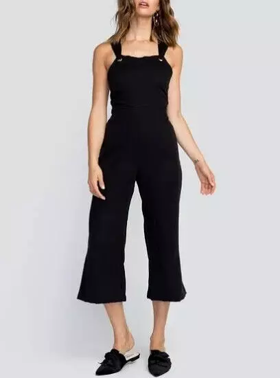 Wildfox Gene Crop Jumpsuit S Black Flare Leg Tie Back Elastic Waist Casual - Image 1 of 4