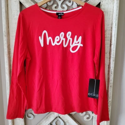 Camiseta Top Erika Petite Para Mujer Grande Manga Larga Gráfico Feliz Rojo Blanco Foto 1 de 4