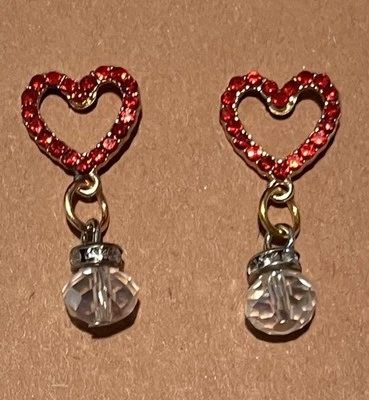 Red Rhinestone Heart Stud  Earrings w/Dangling Clear Crystal  New Handmade - Image 1 of 3