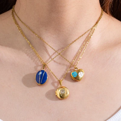 Womens Photo Locket Necklace Enamel Celestial Art Deco Heart Keepsake Pendant - Image 1 of 4