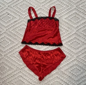 Victorias Secret Pajama Panty Set Sz S Red Satin Black Lace Cami Top 90s Sexy - Picture 1 of 8