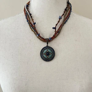 Avon Boho Gypsy Beaded Multi Strand Choker Necklace w Enamel Medallion Pendant - Picture 1 of 5