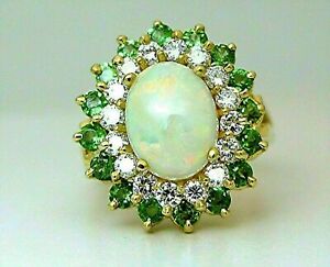 3Ct Oval Cut Opal Simulated Green Emerald Halo Wedding Ring Yellow Gold Plated