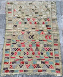 Vintage Handmade Kilim Moroccan Wool Sabra Kelim Area Rug 3x4 ft Free Ship - Picture 1 of 8