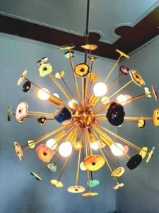 1950 BRASS PINK AGATESTONE URCHIN SPUTNIK STILNOVO ITALIAN CEILING PENDANT LIHGT - Picture 1 of 4