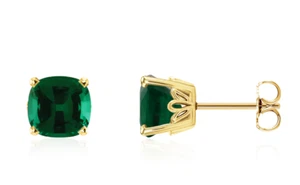 14K Yellow Gold Green Emerald Earrings Cushion Cut Lab Created Gemstone Studs - Picture 1 of 4