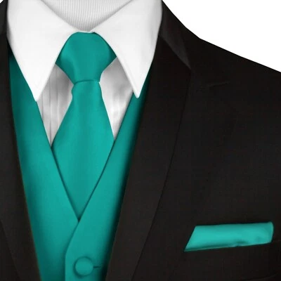 Men's Solid Satin Formal Dress Tuxedo Vest, Tie & Hankie Wedding Prom Homecoming - Image 1 of 2
