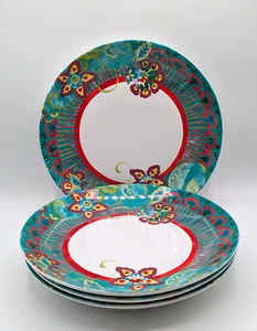 Pier 1 Imports Villa Dinner Plates Set of 4 Multicolor Floral Teal Vtg 10" - Picture 1 of 6