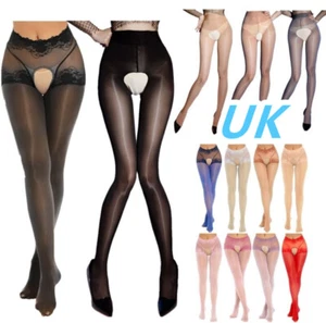 UK Women Sheer Mesh Glossy Crotchless Pantyhose Tights High Waist Stockings Club - Picture 1 of 117