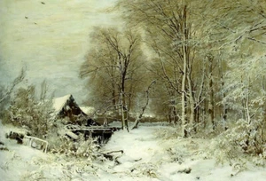 Oil painting louis apol - cottage in a snowy landscape in winter season canvas - Picture 1 of 1