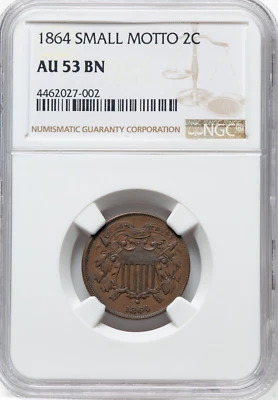 1864 2C NGC AU53  Two Cent SMALL MOTTO Scarce coin FREE SHIPPING FED EX 2 DAY - Image 1 of 4