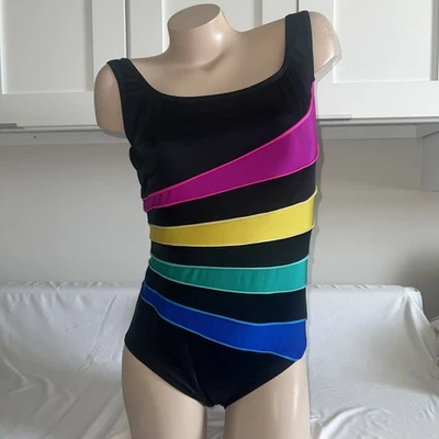 Vintage Longitude One Piece Swimsuit Size 14 Black With Color Stripes - Image 1 of 4