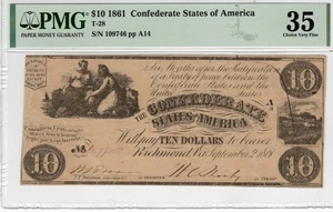 T-28 PF-7 1861 $10 Confederate Paper Money - PMG Choice Very Fine 35 - Picture 1 of 2