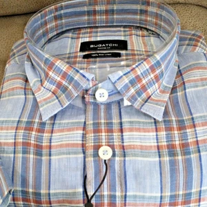 NWT Bugatchi Men's Size L Short Sleeve button down Shirt Shaped Fit Fine Linen - Picture 1 of 20