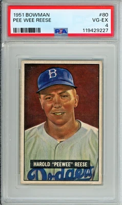 Бейсбольная карточка 1951 Bowman Pee Wee Reese, оценка VG-EX 4, #80 в наборе HOF - Изображение 1 из 3