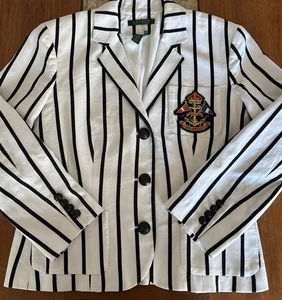 Vintage LRL Black White Linen Blend Striped Crest Ralph Lauren Blazer Jacket SzM - Picture 1 of 10